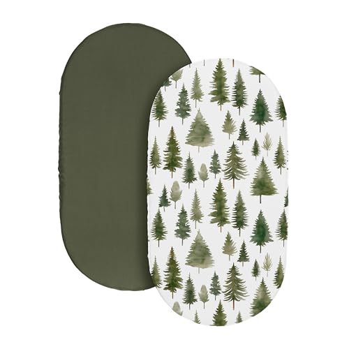 Image of Sweet Jojo Designs 2-Piece Baby Bassinet Sheets Set (Sage Green Woodland) for Girls /Boys, Infant Newborn Nursery, Oval, Rectangle & Hourglass Mattress (Solid Hunter & Forest Themed, Nature, Pine Tree)