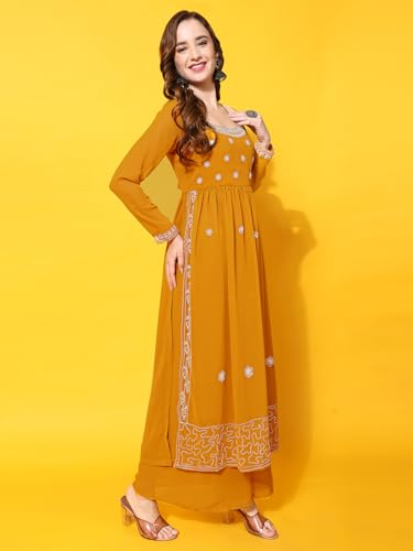 Image of PH POSHAKHUB Women A-Line Nyra Cut Kurta with Sharara in Georgette with Aari Work