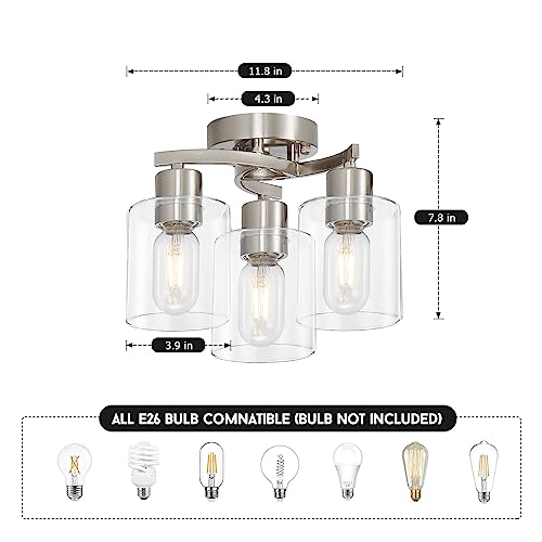 Image of 3-Light Ceiling Light, Semi Flush Mount Ceiling Light Fixture, Kitchen Lighting Fixtures Ceiling, Brushed Nickel Finish with Clear Glass Shade for Foyer Hallway Entryway