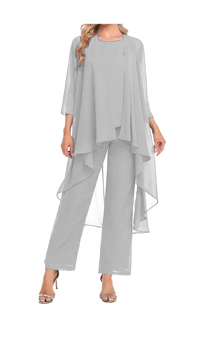 Leader Of The Beauty Women's Silver Mother Of The Bride Pant Suit With Jacket 3 Piece Chiffon Sets Ruffle Layers Wedding Guest Outfit