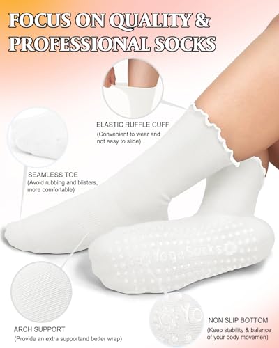 yeuG 4 Pairs Non Slip Pilates Socks with Grips for Women, Crew Grip Socks for Yoga, Barre, Hospital, Barefoot Workout3