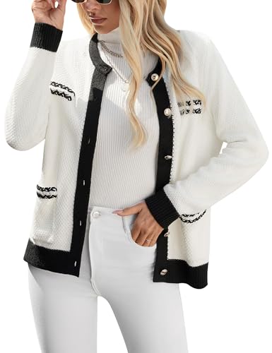 BMJL レディース カーディガン セーター ブラック ボタンダウン ニット Sweaer ジャケット 秋 トップス 2024 オールドマネー服, ホワイト, Medium