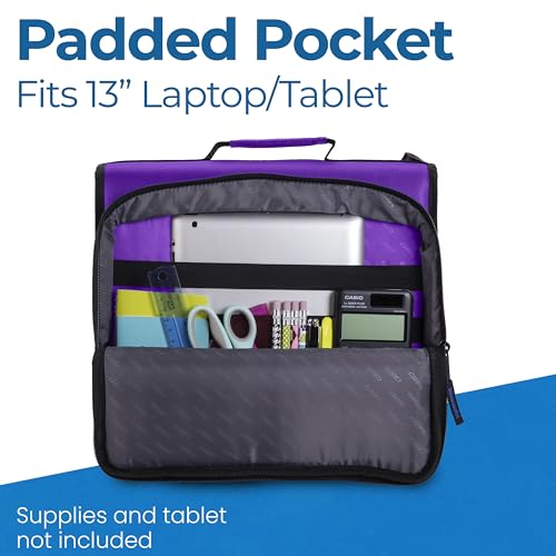 Image of Case-it Universal Zipper Binder | 2-Inch O-Rings, 13-Inch Laptop /Tablet Padded Pocket, 400 Sheet Capacity, Multiple Storage Pockets & Shoulder Strap | School & Office Organizer | LT-007 Deep Purpal