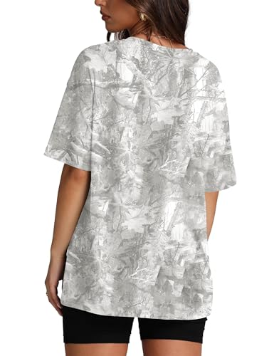 Image of Womens Camo Shirt Oversized Maple Leaf Short Sleeve T Shirts Tops | Loose Fit,White Camo T-Shirt,Crew Neck,Half Sleeve,Everyday Outfits,Gym,Workout,Home,Work,Hiking,2026 Basic Tee