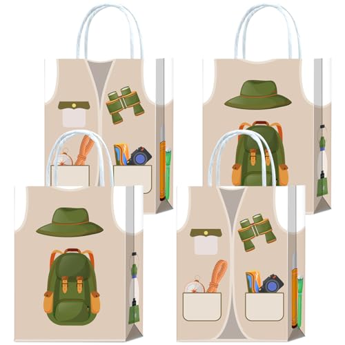 Brattol 16 Pieces Adventure Birthday Goodie Bags,Explorer Costume Vest Gift Snacks Treat Candy Favors Bags with Handles for Adventure Theme Birthday Party Decorations