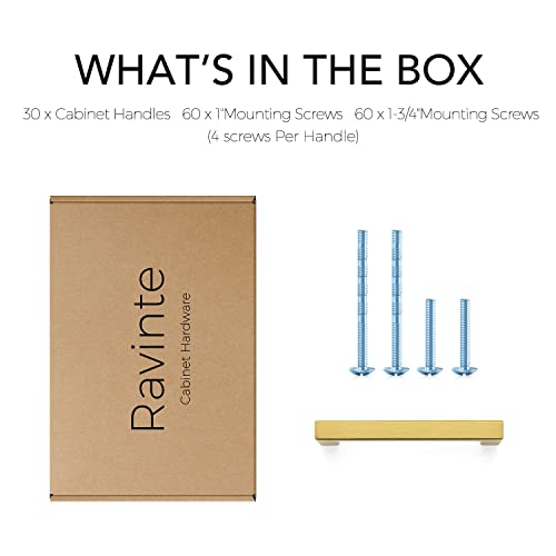 Image of Ravinte Brushed Brass Square Cabinet Handles Drawer Pulls 4 Inch 30 Pack | Stainless Steel, Square Bar Grip, Smooth Touch, Screws Included, Easy Installation, For Cupboards, Drawers, Dressers, Cabinet