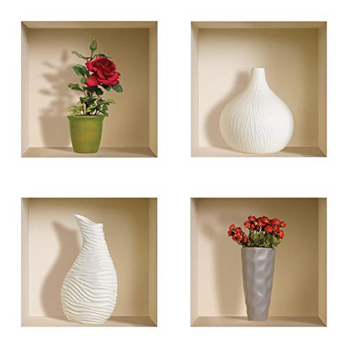 The Nisha Art Magic 3D Vinyl Removable Wall Sticker Decals Diy, Set Of 4, Red Roses And White Vase 402 #TOP28