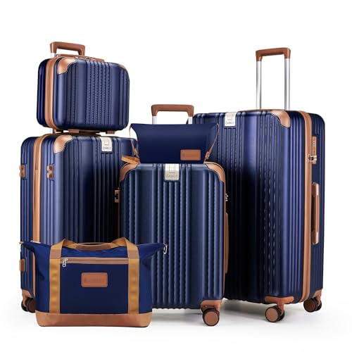 Image of Luggage Set 6 Piece Luggage with PC+ABS Hardshell TSA Lock Spinner Wheels Carry on Lightweight Suitcase Cup Holder,YKK Zippers and Hoot(Navy, 6 piece sets(14 /20 /24 /28 /DB /TB))