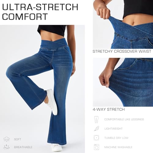 Women’s Stretchy Flare Jeggings - High Rise Crossover Waist, Pull On No Zipper Jeans with Pockets3