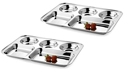 SKARS 5 in1 Round Extra Deep Compartment Divided Plate, Thali, Bhojan Thali, Mess Tray, Dinner Plate Set Kitchen & Dining Diwali Gifts Accessories – ( Pack of 2, Silver )