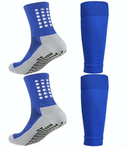 KMOLY 1 Set Kids Grip Soccer Socks and Shin Guard Sleeves for Age 7-14 Youth Boys Children Football Basketball Training (Blue)