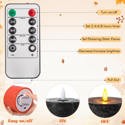 Image of 3 Pcs 6 /8 /12 Inches Fall Flameless LED Candles with Remote and 2 /4 /8h Timer Orange Black White Battery Operated Wax Flickering Candles for Thanksgiving, Halloween, Harvest Party Home Decor