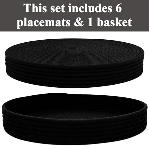 Round Placemats Set of 6 with Holder, Cotton Rope Woven Place Mats, Hot Pads for Kitchen, Heat Resistant Table Mats, 13 Inch Farmhouse Washable Braided Placemat for Kitchen Decor (Black)