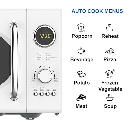Emerson MWRG0901W 0.9 Cu. Ft. Retro Microwave with 1,000W Grill Function, 800W Cooking Power, LED Display, 5 Power Levels, 8 Auto Menus, Glass Turntable, Child Lock, White Countertop Design by Emerson - Image 3