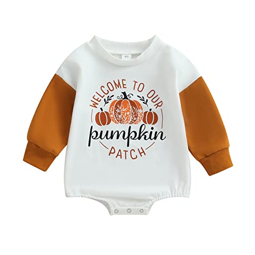 Image of Baby Girl Boy Halloween Clothes Crewneck Ghost Pumpkin Romper Long Sleeve Sweatshirt Onesie Fall Winter Outfit (J White Brown, 0-3 Months)