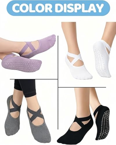 Image of AURUZA Pilates Grip Socks for Women Non Slip Skid Yoga Socks with Grips Straps for Ballet Dance Workout Gripper Sock