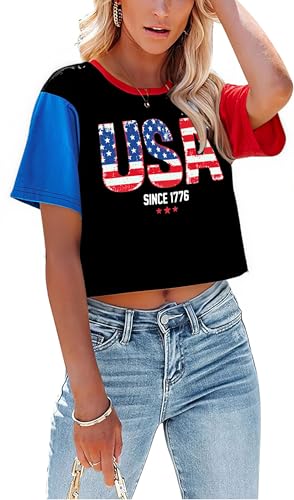 Image of MYHALF Women USA Flag 250th Patriotic 4th July Memorial Day Crop Shirt