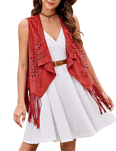 Hotloox Women Fringe Vest Open Front Lapel Faux Suede Western Leather 70S Cowgirl Outfits Red Xxl #TOP9
