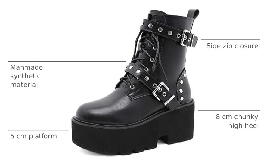 Image of Parisuit Womens Goth Patent Ankle Boots Platform Chunky Combat Boots | Lace Up, Gothic Boots, High Heel, Punk Short Booties, Buckle Boots, Chain Boots