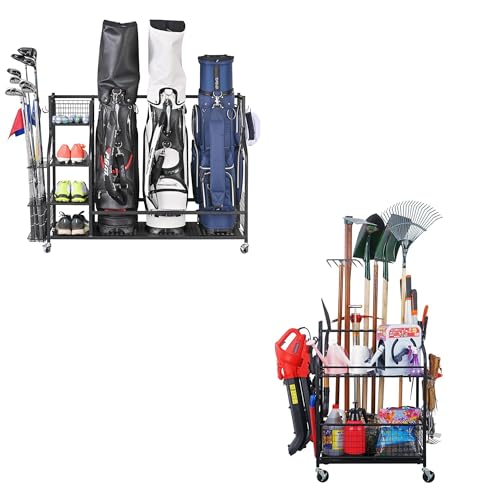 Image of Mythinglogic 3 Golf Bags Storage Organizer-Extra Large Size Fits 3 Full Size Golf Bags,Garden Tool Organizer for Garage-Yard Tool Racks with Wheels