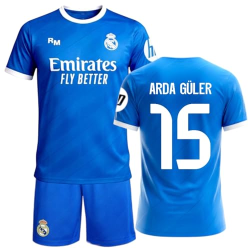 Stock Futbol Real Madrid - Réplica Oficial 3ª Equipación 25/26 | Camiseta y Pantalón Niño Unisex Arda Güler 15 | Azul | Nombre y Número Jugador | Tejido Transpirable | Set Completo Fan (10 años)