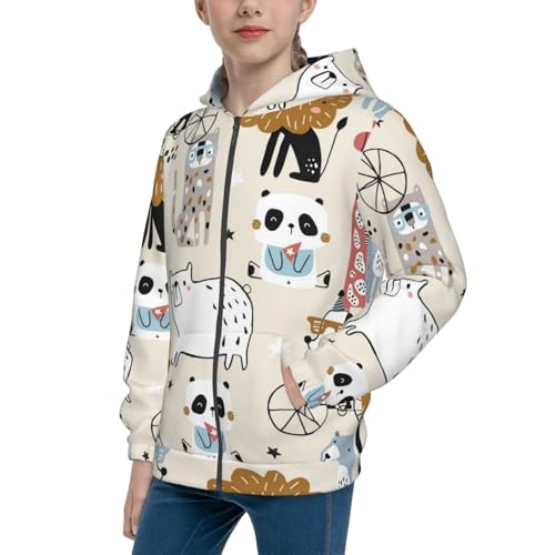 Hand Drawn Animals Kids Pullover Hoodies Boys Zip Up Sweatshirts Girls Athletic Clothes with Pocket