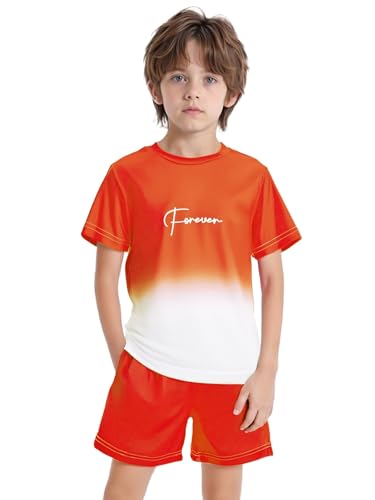 Boys Athletic Quick Dry Shorts Set Gradient Short Sleeve T-shirt 2 Piece Outfit with Pockets Sports Set Orange 13-14 Years