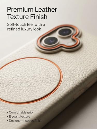 Image of amazon basics Luxury MagSafe Compatible Leather Texture Back Cover for iPhone 16 | Raised Camera Protection | Slim Fit Shockproof Case with Metallic Accents (White)