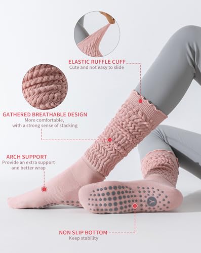 Image of Yawlsow Pilates Socks with Grips for Women Yoga Ruffle Grippy Non Slip Long Slouchy Scrunch Socks for Barre Workout Hospital