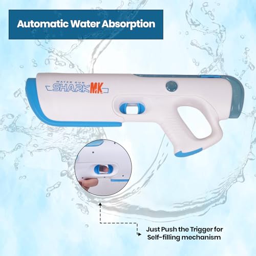 Image of WISHKEY Shark Themed Water Gun Toy for Kids, Continuous Water Emission with Automatic Water Absorption, Strong Water Beam, USB Rechargeable in-Built Battery, 4+ Years (White, Pack of 1)