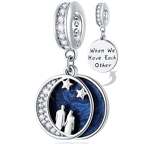 Couple Lover Under Night Sky Crescent Moon Stars Charms, fits Pandora Valentines Day Bracelet, Sterling Silver Blue Enamel Pendant Beads, Gifts for Wife/Couple