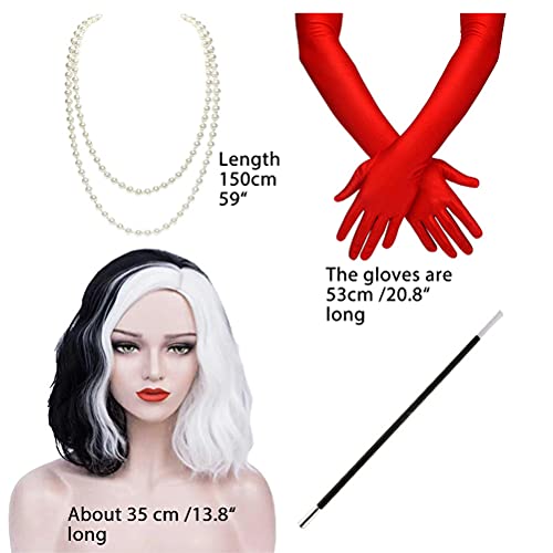 Perucas Cruella, meio-preto, metade branco, peruca para cosplay de bruxa de filme, peruca ondulada c