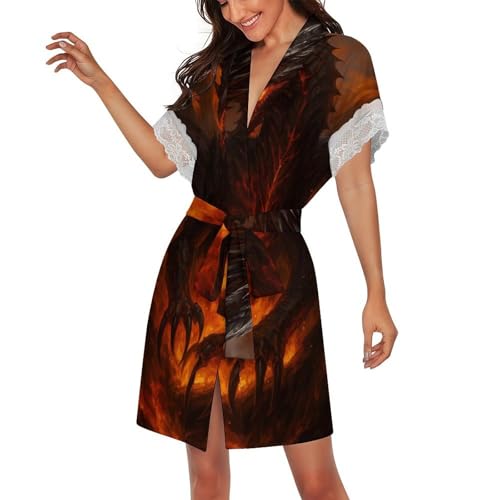 Fashion 3D Printed Dragon Women's Lace Trim Short Sleeved Nightgown with Belt Casual Sleepwear XX-Large (2X_l)