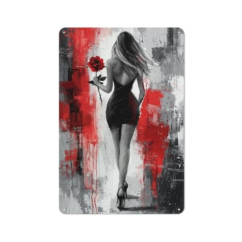 Letreros de metal de estaño con figura femenina sosteniendo una rosa, decoración de pared para bar, pub, club, cafetería, granja, color blanco, 30 x 20 cm