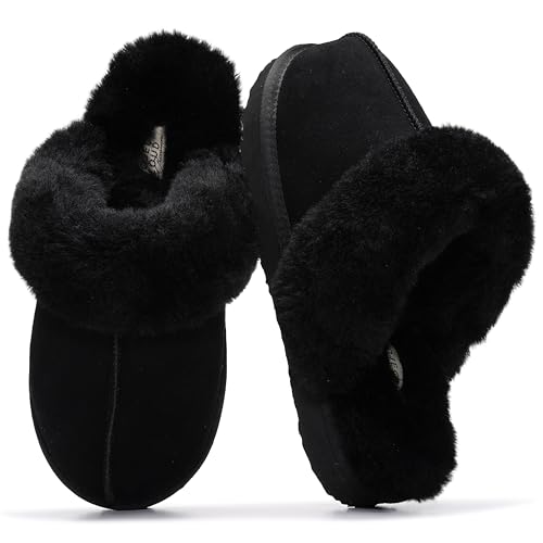 Image of Project Cloud Genuine Leather Slippers for Women with Genuine Fur Lining, Non-Slip Indoor /Outdoor Clog Mule Slippers, Memory Foam Insole