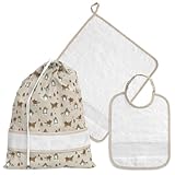 Set asilo da ricamare a punto croce, tre pezzi, sacchetto salvietta e bavaglia, spugna bia...