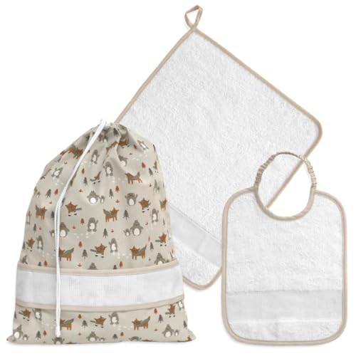 Set asilo da ricamare a punto croce, tre pezzi, sacchetto salvietta e bavaglia, spugna bianca con tela aida, set per la scuola materna fantasia animali della foresta