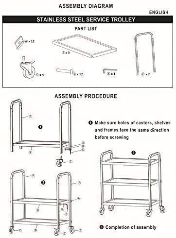 3-Tier Stainless Steel Utility Cart, Kitchen Trolley Cart, Rolling Serving Carts 330lbs Capacity Catering Shelf with Locking Wheels for Kitchen, Restaurant, Hotels, Home, Café, 95x50x95cm