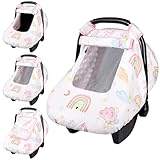 Baby Carseat Cover Girls, Pea Pod Unicorn Infant Car Seat Covers Canopy for Newborn with 2 Layers Windows of Breathable Mesh/Fabric, Lightweight Polyester/Minky Dot Backing, Snug Fit