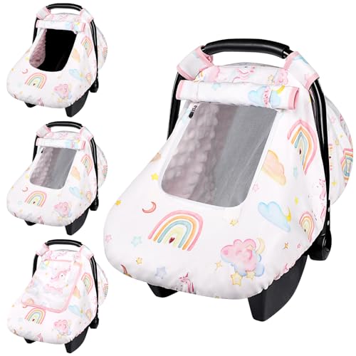Image of Baby Carseat Cover Girls, Pea Pod Unicorn Infant Car Seat Covers Canopy for Newborn with 2 Layers Windows of Breathable Mesh/Fabric, Lightweight Polyester/Minky Dot Backing, Snug Fit