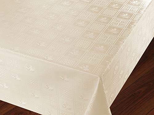 Ivory Cream Embossed Floral PVC Tablecloth Checked Squares Rose Flowers PVC Plastic Vinyl Oilcloth Wipe Clean Party Table Cloth Protector Textured Feel (Oval 180cm x 135cm 72" x 52" inches)