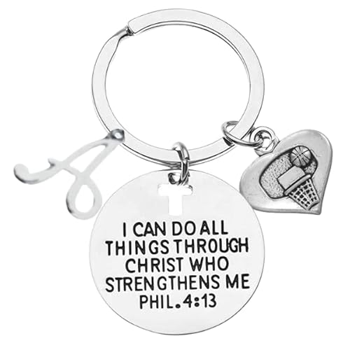Personalized Basketball Keychain with Letter Charm, Christian Faith I Can Do All Things Through Christ Who Strengthens Me Phil. 4:13 Scripture Jewelry, Gift For Basketball Players