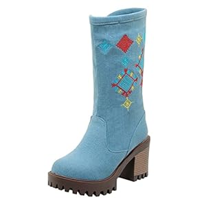 Tkukkwr Schoenen Cowboy Laarzen Vrouwen Mid Kuit Laarzen Herfst En Winter Mode Geborduurde Decoratie Comfortabele Ronde Neus Platform Vierkante Hak Hochwertig Winterlaarzen voor Vrouwen
