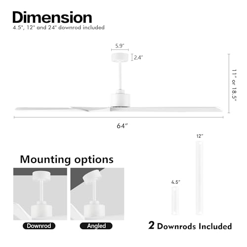 64 DC Ceiling Fan Without Lights - White Finish