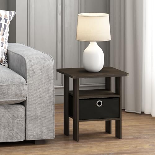 Image of Furinno ANDREY Square Side Table, End Table, Night Stand, Dark Walnut | Open Shelves and Storage Bin, Bedside Table, for Living Room, Bedroom
