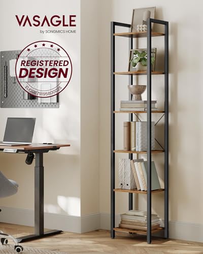 VASAGLE Regal, Bücherregal, Standregal, DVD-Regal, mit 6 Ebenen, Büroregal, offene Ablagen, für Büro, Wohnzimmer, Schlafzimmer, Küche, 30 x 40 x 186 cm, vintagebraun-tintenschwarz LLS101B01