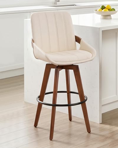Image of AQG Beige Bar Stools 30 Inch Set of 3 Leather Bar Height Stools with Backs, Mid Century Modern Swivel Bar Chairs, Upholstered Barstools Wood Frame for Kitchen Island