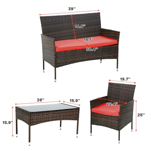 Image of PayLessHere Outdoor Furniture Set 4 Pcs Modular Patio Furniture Set Water Resistant Conversation Set with 3 Rattan Chairs 1 Tempered Glass Topped Table for Patio Poolside, Brown Wicker /Red Cushions