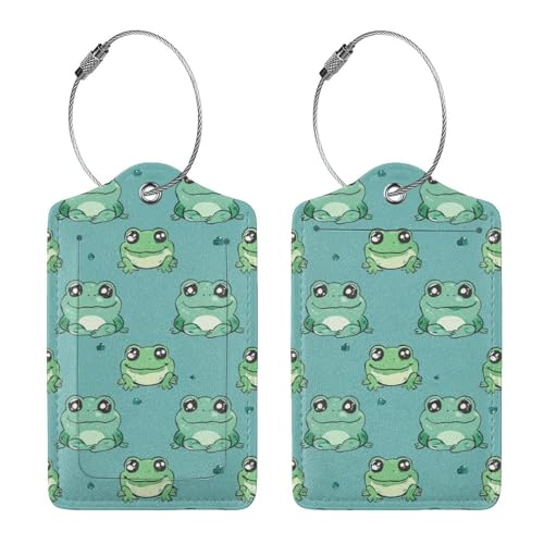 Buyidec 2 Pack Frog Cute Luggage Tags for Suitcases, Leather Baggage Tag with Loop, Funny Cool Name Id Card Cover Travel Bag Labels Set for Women Men Boys Girls Kids