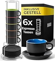 MIAMIO - 6 x 75 ml Espressotassen Set/Espresso Tassen Set mit Untertasse & Ständer - Kaffeetassen Set 6er Kaffeebecher Keramik - Le Papillon Kollektion (Bunt)